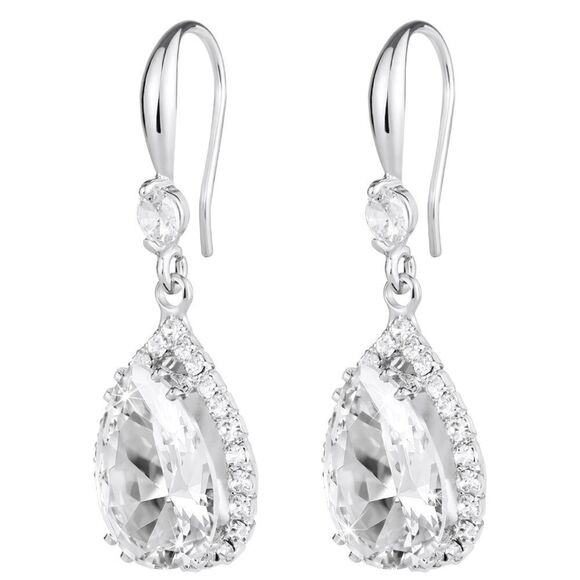 14K White Gold with White Diamond Cubic Zirconia Teardrop Hook Dangle Earrings - Picture 2 of 5